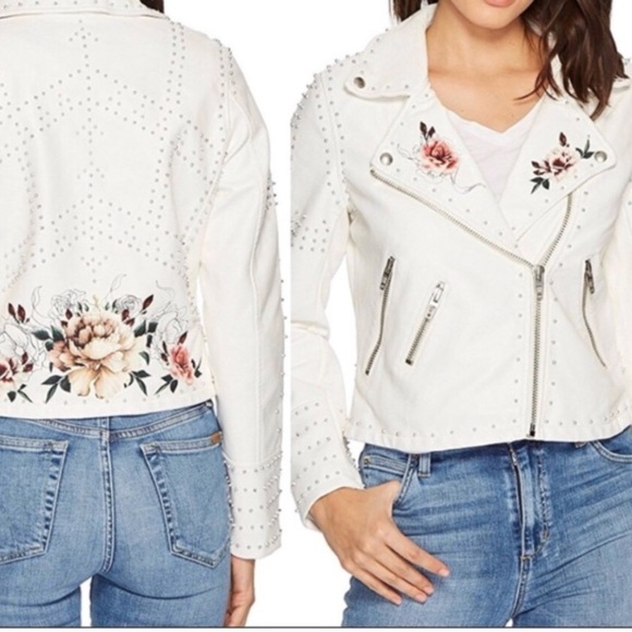 BLANK NYC Stud Floral Moto Faux Leather Jacket Full Bloom White - Picture 2 of 15